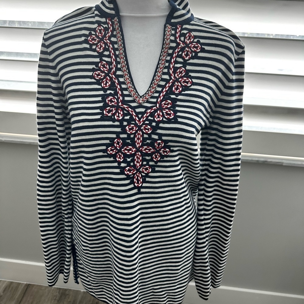 Tory Burch Tunic S/P Navy & white stripes with red, white & blue roped appliqué